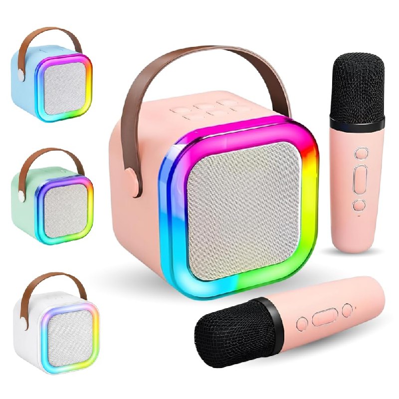 Karaokê Infantil Portátil Bluetooth com 2 Microfones Sem Fio com Led – Caixa de Som Recarregável com Efeitos de Voz (Cores Sortidas)