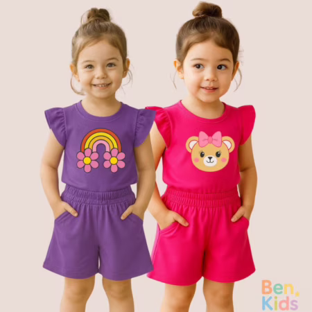Kit 2 Conjunto Infantil Menina Algodão Estampado Short Bolso Elástico Cintura Conforto Casual Fofo