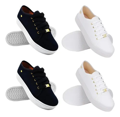 Kit 2 Tênis Feminino Branco Preto Casual Confortável Slip On