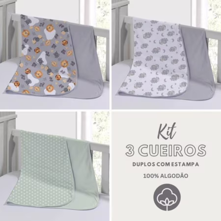 Kit​ 3 Cueiro Duplo 100% Algodão Varias Estampas Conforto  de  Bebê