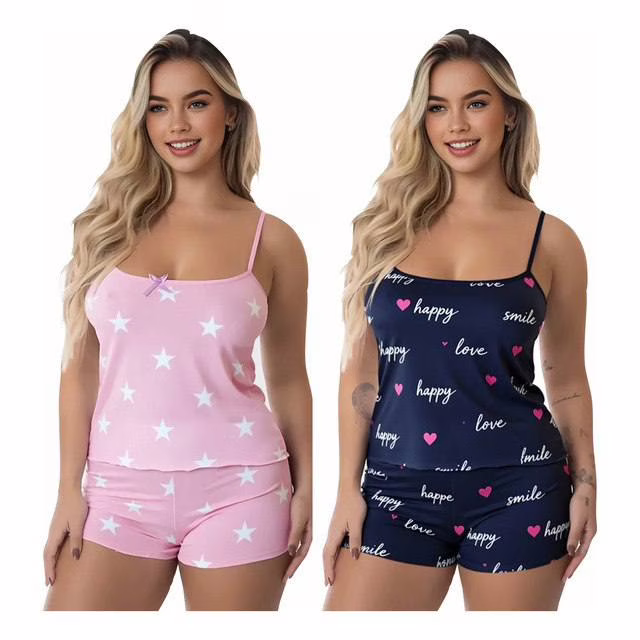 Kit 4 Peças Pijama Feminino Baby Doll 2 Shorts + 2 Blusas Kit 4 Peças Pijama Feminino Baby Doll 2 Shorts + 2 Blusas
