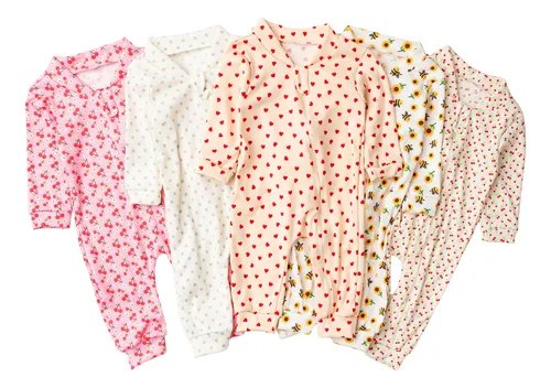 Kit 5 Macacão Canelado Estampado Bebê Zíper - Tam RN ao G