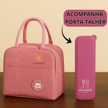 🛍️ Kit Bolsa Térmica Com Alça Para Marmita Lancheira Viagem + Porta Estojo Talher Feminina Masculina