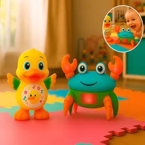 Kit Brinquedo Pato Dançante E Caranguejo Fujão Infantil Com Música Luz Movimento Educativo Combo Patoguejo Ligeiro