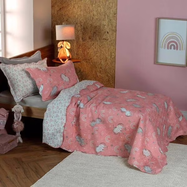 Kit Colcha Cobre Leito Infantil com Porta Travesseiro Casual Kids Appel