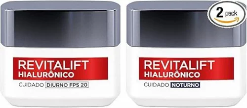 Kit Creme Facial Anti-idade L'Oréal Paris Revitalift Hialurônico Noturno + Diurno FPS 20, 49g