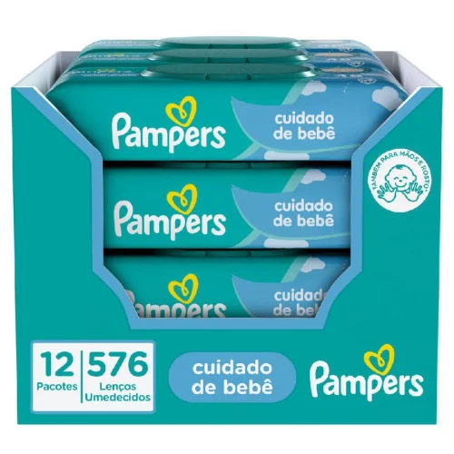 Kit Lenço Umedecido para Limpeza Pampers Cuidado do Bebê 12 Pacotes