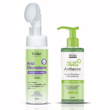 Kit Limpeza Profunda Face Beautiful | Gel Antiacne + Mousse Antioleosidade | Fim da Acne e Oleosidade!