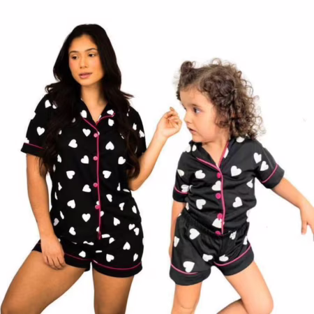 Kit Mãe e Filha Pijama Americano Botões Feminino Short Doll Infantil Adulto Confortável Manga Curta Verão