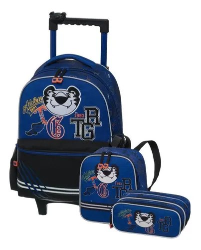 Kit Mochila De Rodinha Tigor Varsity +lancheira +estojo Azul Liso