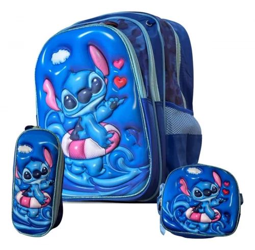 Kit Mochila + Lancheira + Estojo Reforçado Stitch Azul