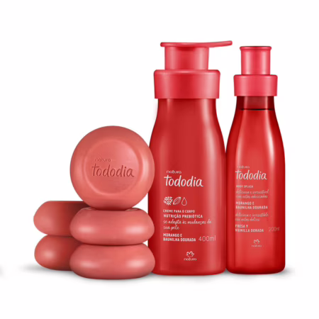✨Kit Tododia Morango e Baunilha Dourada com Hidratante, Body Splash e Sabonete✨
