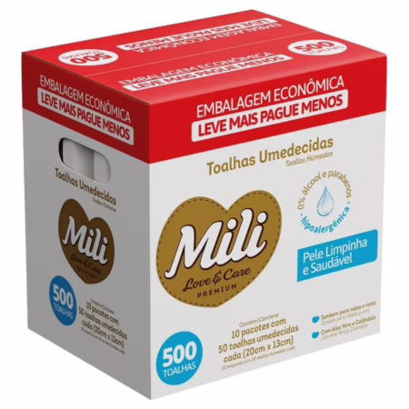 Lenço Umedecido Mili Love & Care Premium 500 unidades (10 pacotes com 50un cada)