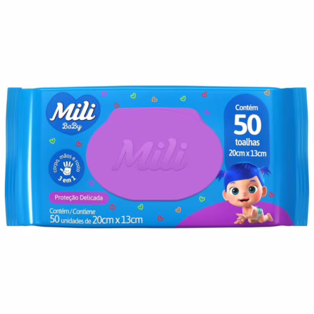 Mili Toalhas Umedecidas Baby, Uso Bebê, Com Aloe Vera e Calêndula, Dermatologicamente Testadas, 50 Unidades