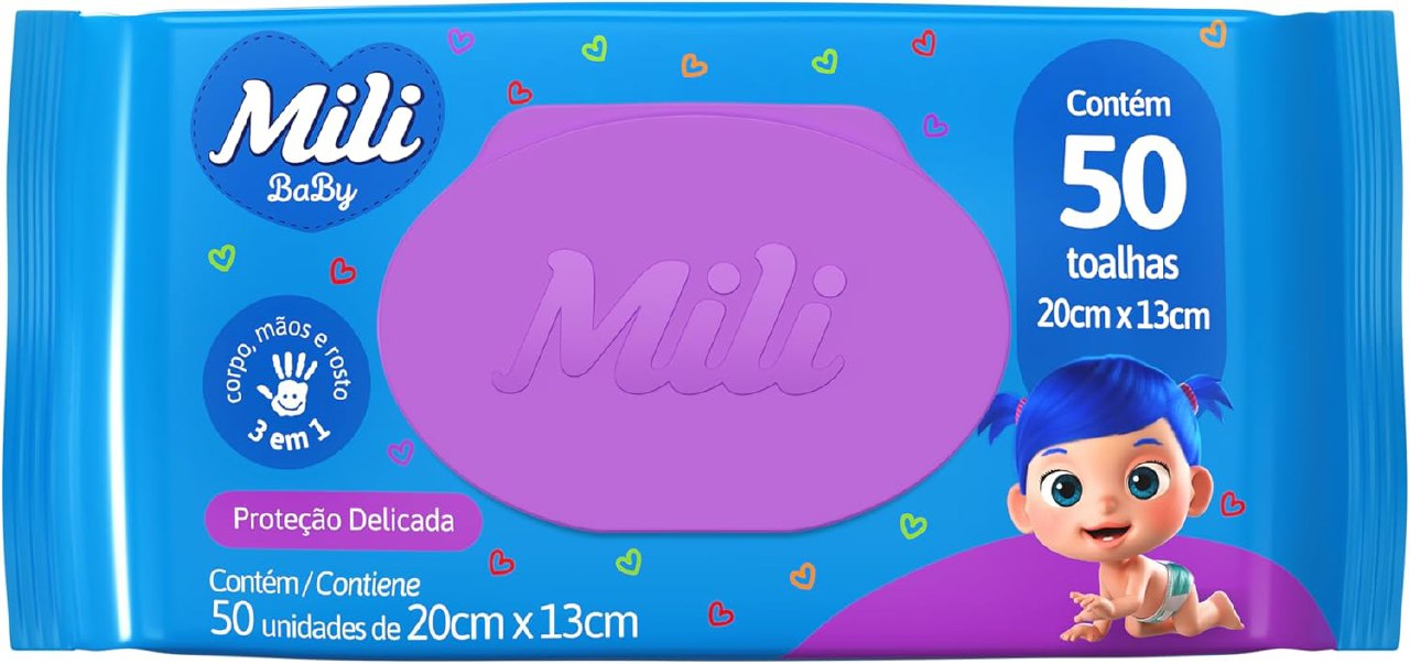 Mili Toalhas Umedecidas Baby, Uso Bebê, Com Aloe Vera e Calêndula, Dermatologicamente Testadas, 50 Unidades