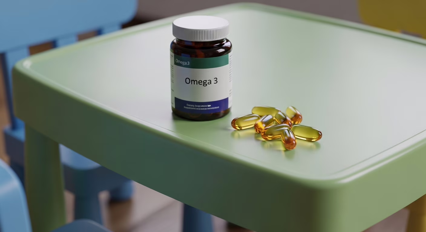 Criança tomando suplemento de ômega-3 em cápsula com frutas e peixes ao fundo, representando alimentação saudável para TDAH