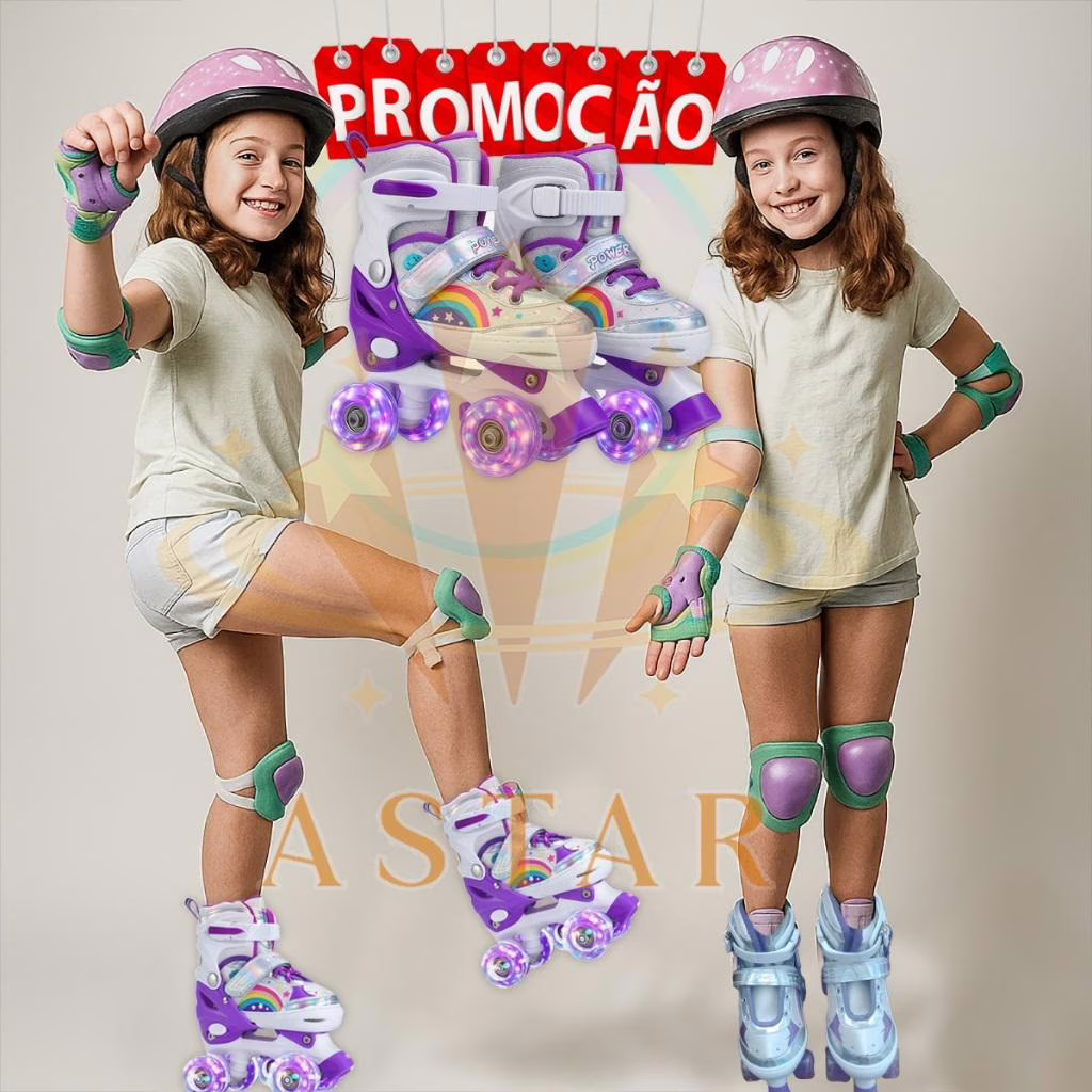 Patins Infantil 4 Rodas Led + Proteção Ajustável Meninas Meninos Patins Quad Promoção