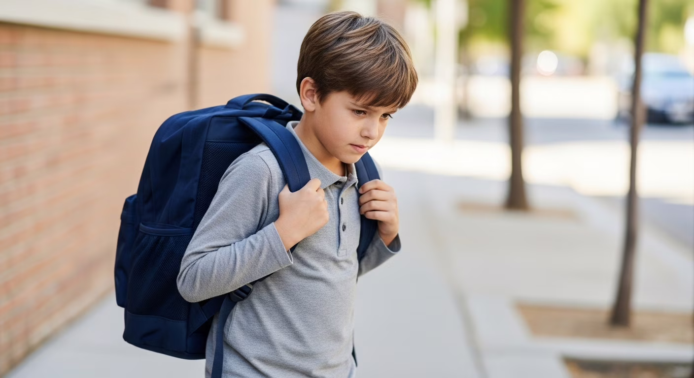 Criança carregando mochila escolar pesada com postura curvada