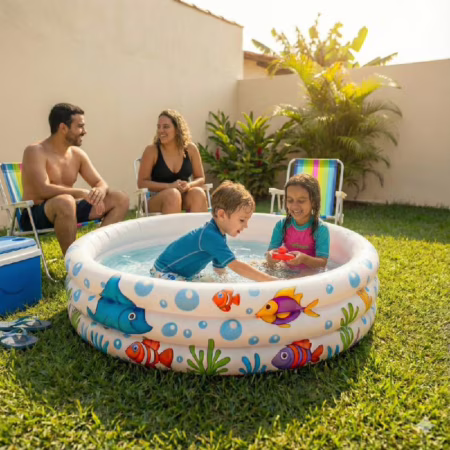 Piscina Infantil Inflável 180L 3 Anéis Estampa Fundo do Mar Redonda