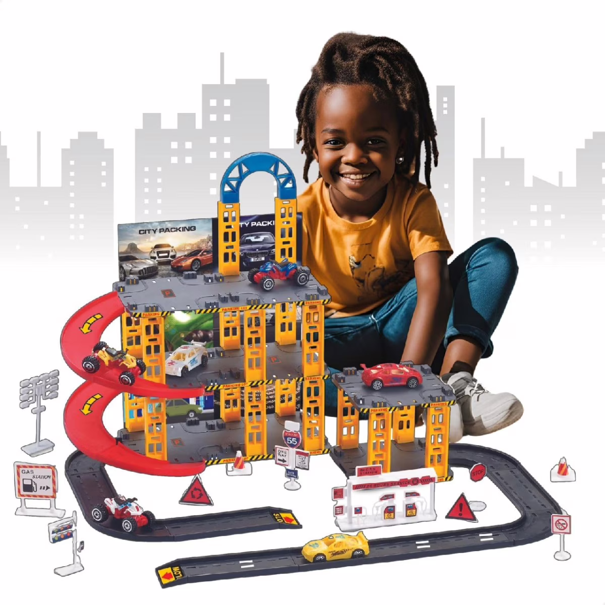 Pista De Carrinhos Brinquedo Infantil Corrida Lava Rápido 3 Andares Acompanha 4 Carrinhos