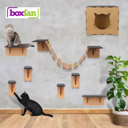 Playground de Gato Box Fan MDF Brinquedo Suspenso Circuito 8 Peças