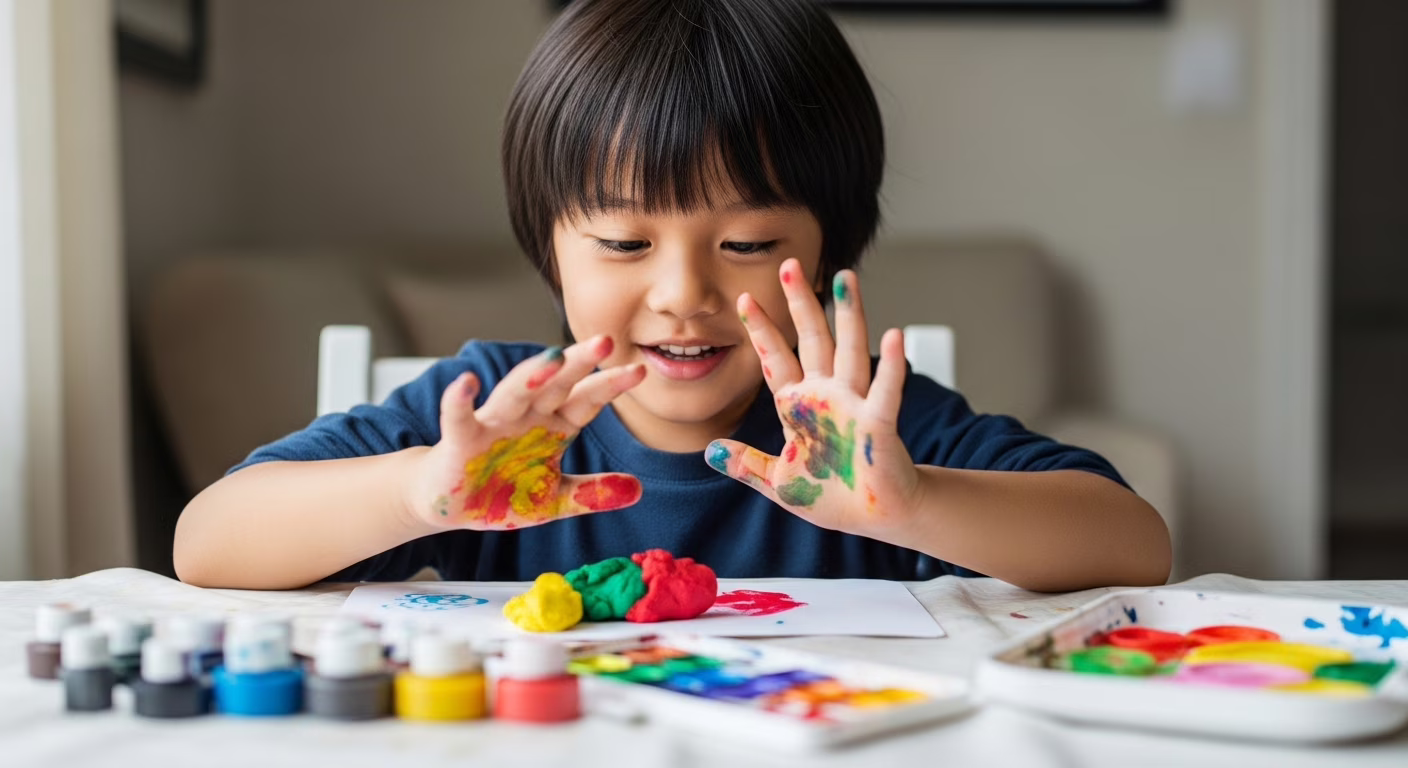 Por que a criatividade é essencial para o seu filho Menina concentrada pintando um quadro com tinta guache em um cavalete, em uma sala de arte