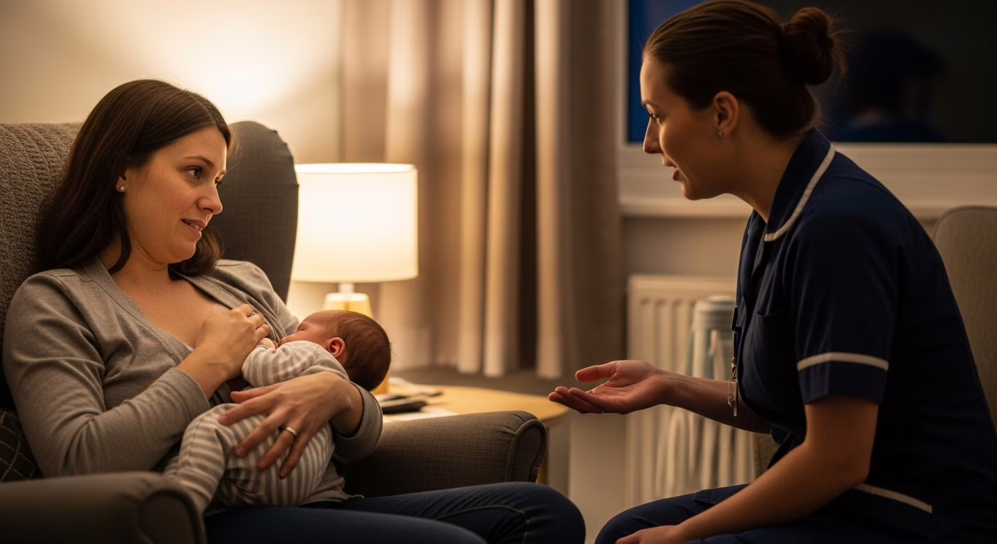 Mãe segurando recém-nascido no colo durante amamentação noturna, com expressão de cansaço mas carinhosa