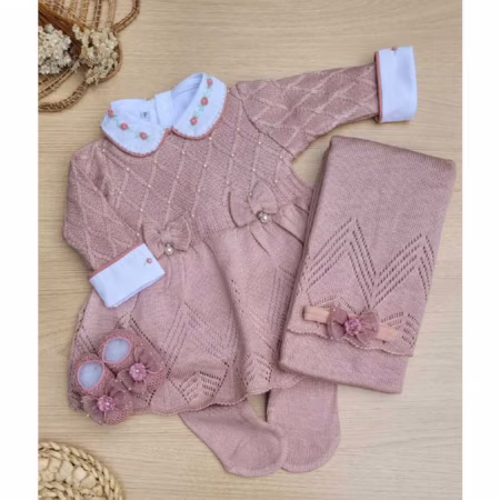 Saída maternidade menina vestido Gabriela rosê body rococó 6 peças