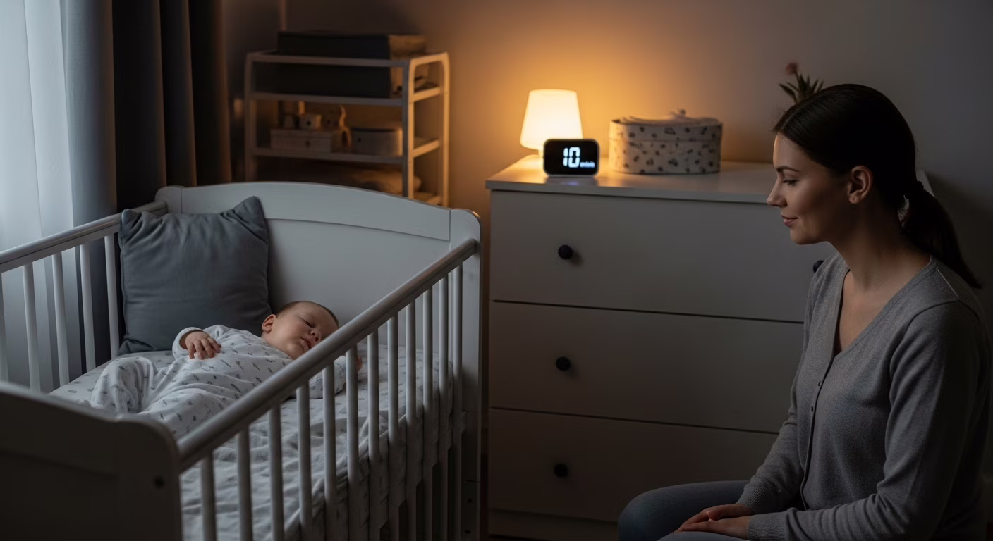 Bebê recém-nascido dormindo tranquilamente no berço, com ambiente aconchegante e iluminação suave