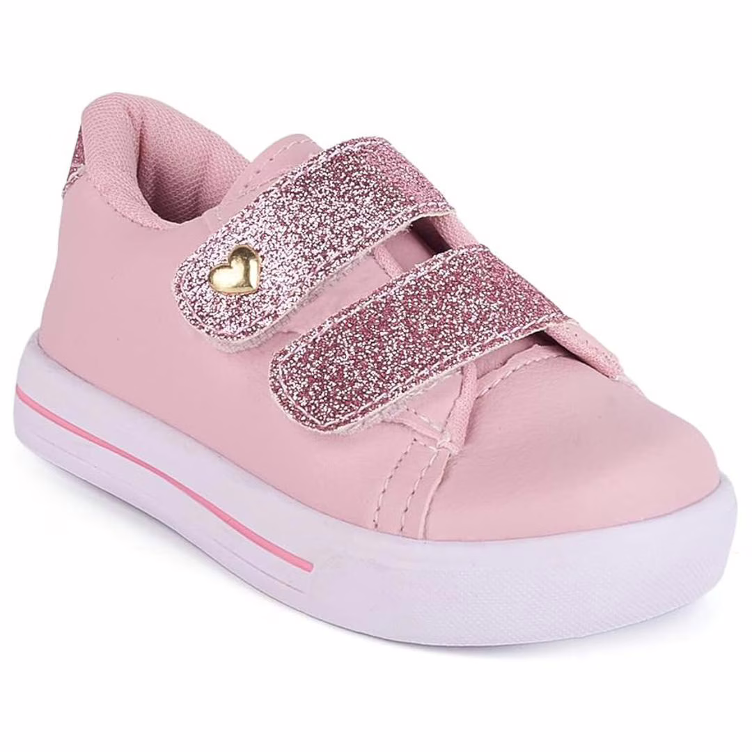 Tênis Infantil Menina Casual Antiderrapante Calce Fácil Glitter Coração Dourado Macio Leve