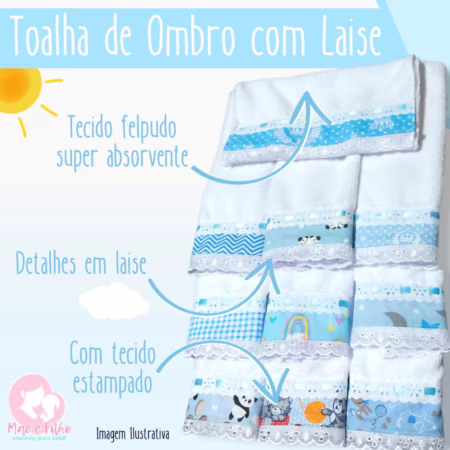 Toalhinha para Bebê de Ombro com Laise 5 unidades Passeio Modelo LUXO 100% Algodão Estampadas