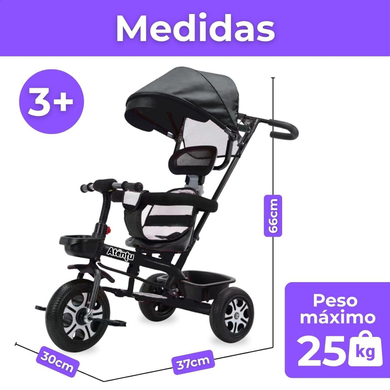 Triciclo Infantil com Alça e Capota Atentu Motoca Passeio com Empurrador