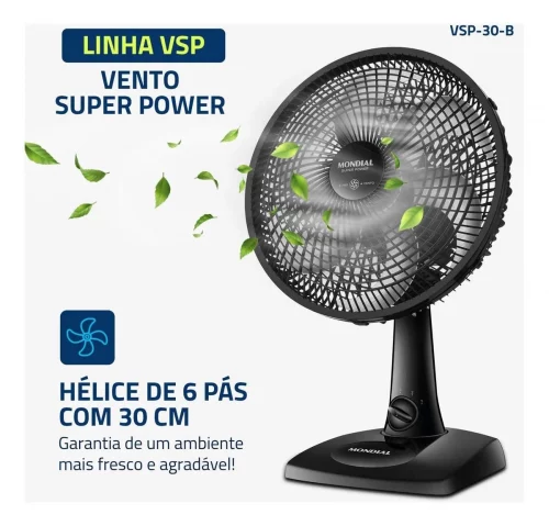 Ventilador De Mesa 30cm Super Power Mondial 60w Vsp-30-b 30 Cm Preto Prata Polipropileno 6 Ventilador De Mesa 30cm Super Power Mondial 60w Vsp-30-b 30 Cm Preto Prata Polipropileno 6