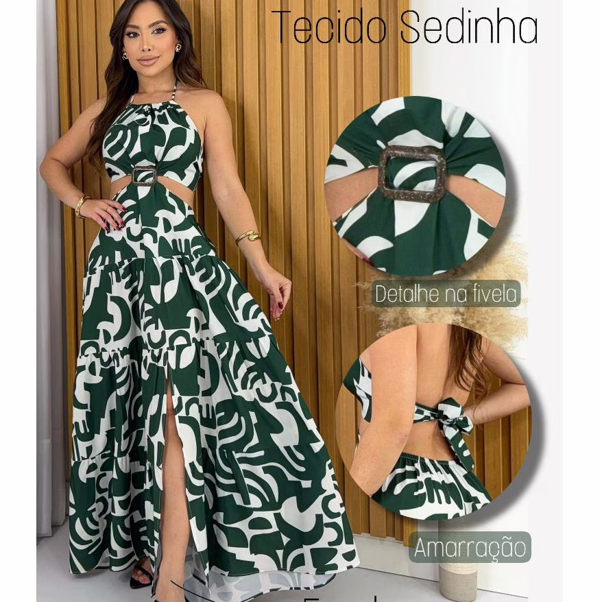> 🛍️ Vestido  Longo Feminino Estampado Com Fenda Amarração Recortes Laterais ALTO PADRÃO