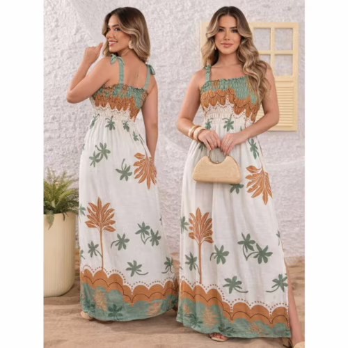 Vestido longo  festa cristã feminino em Viscolinho casual de alça com elástico praia
