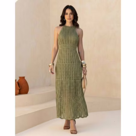 Vestido Lt Tricot Midi Feminino Sem Manga Elegante