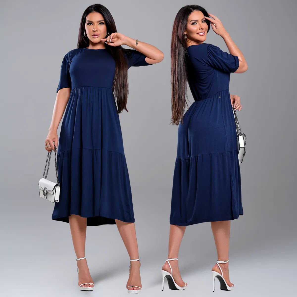 •⁠  Vestido Midi Manga Casual Elegante Feminino Liso Verão .mm