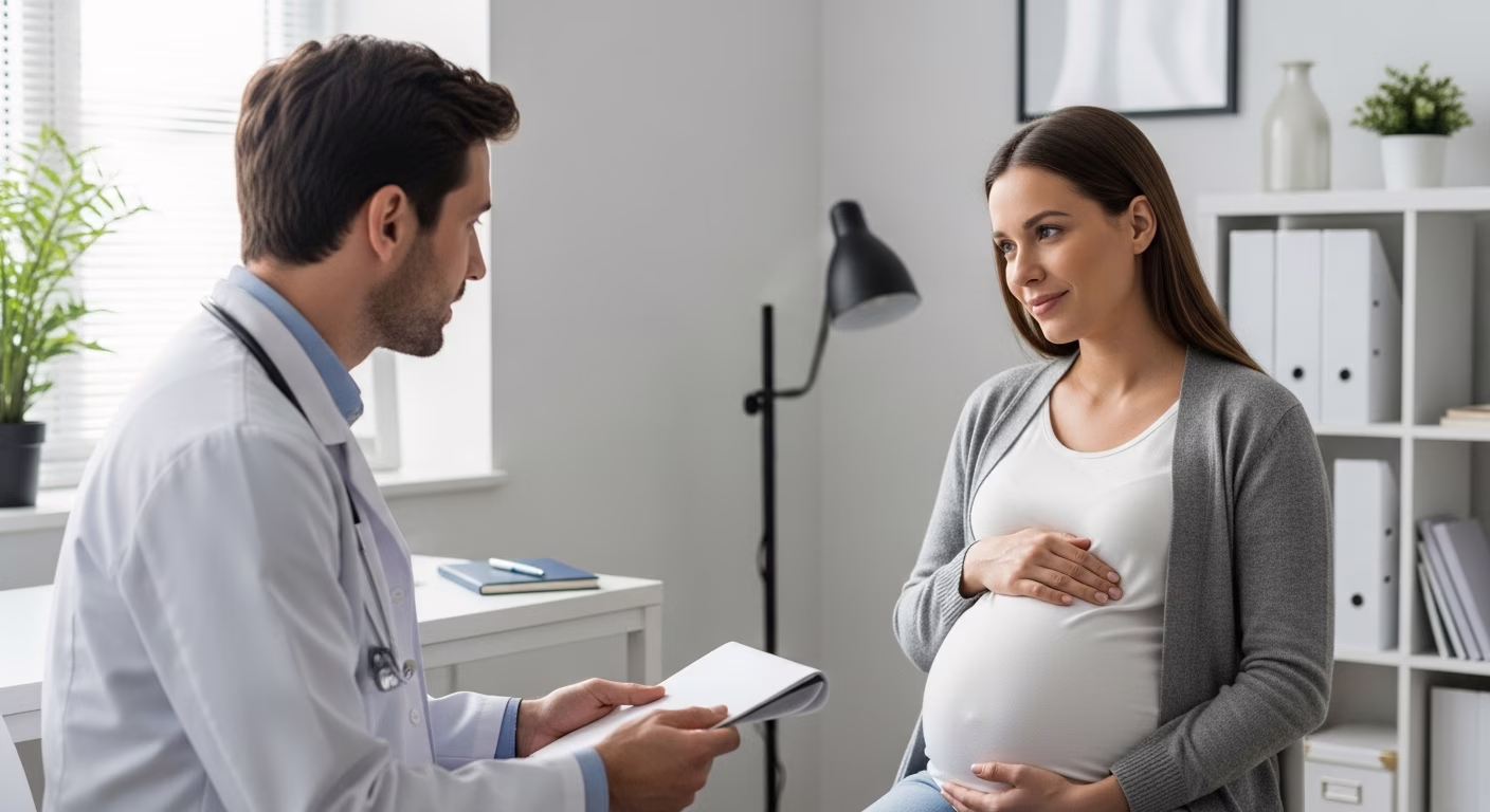 Gestante segurando a barriga com expressão de desconforto, representando constipação intestinal durante a gravidez