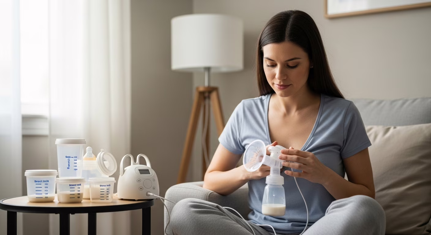 Mãe amamentando bebê com sorriso, em ambiente aconchegante
