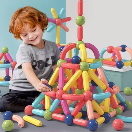 🧡 Blocos   De Construção 3d Magnéticos Brinquedo ímã Varas Bolas Jogo Montagem Para Crianças 66/76/110/136 Peças