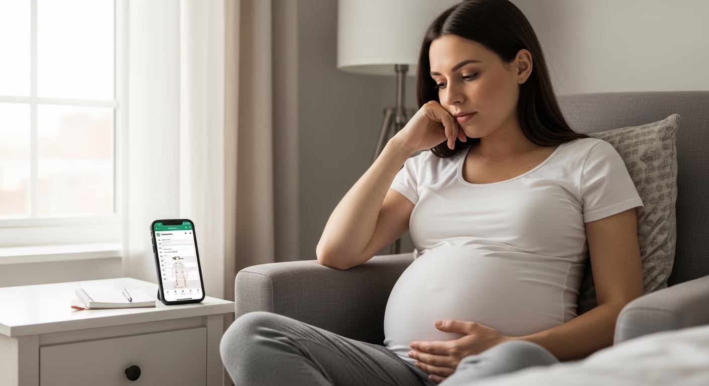 Mulher grávida segurando a barriga e sentindo contrações no terceiro trimestre