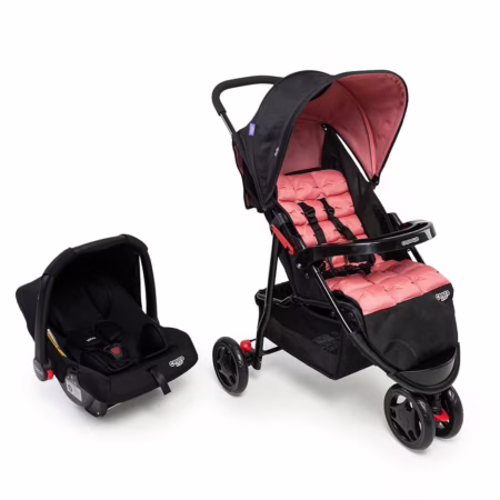 Carrinho com Bebê Conforto Cosco Kids - Toffy Duo 3 Rodas 0 a 15kg -  Rosa Noite