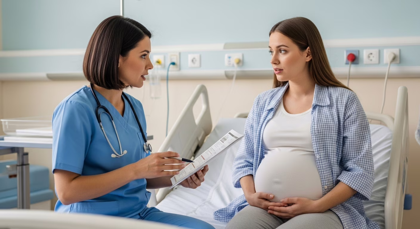 Grávida segurando a barriga com expressão preocupada, representando sinais de trabalho de parto prematuro