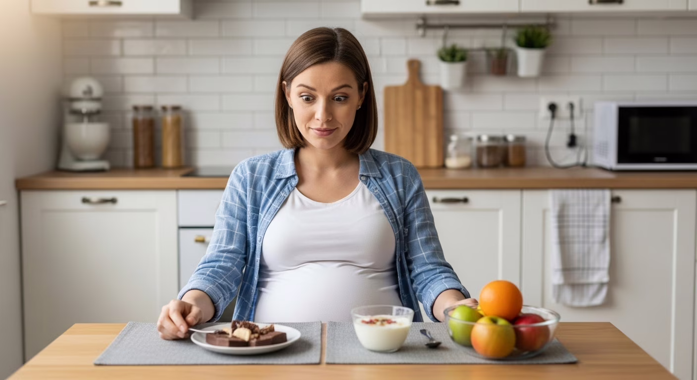 Mulher grávida segurando uma maçã e sorrindo, representando alimentação saudável durante a gestação