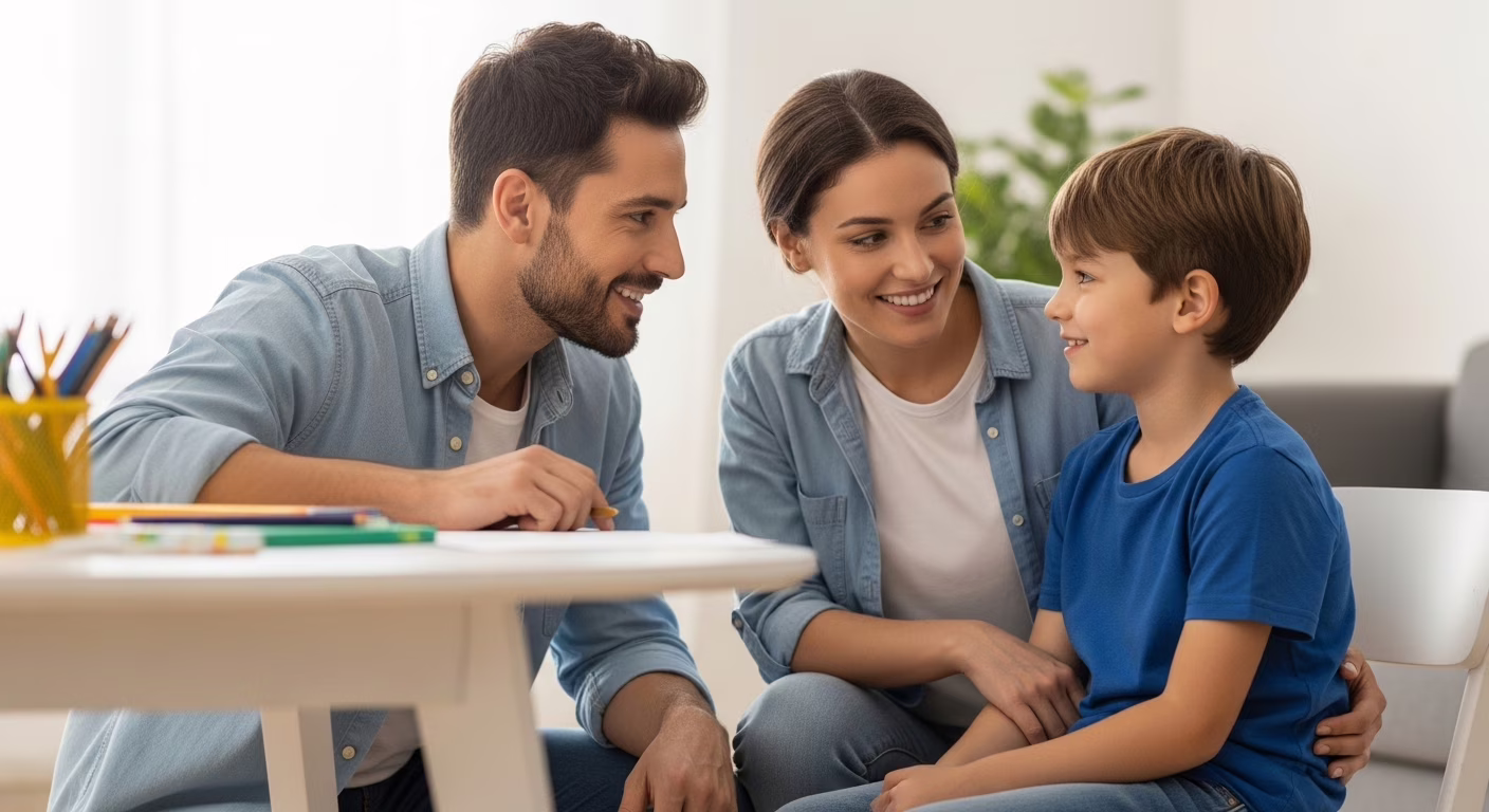 Mãe e filho brincando juntos com expressões felizes