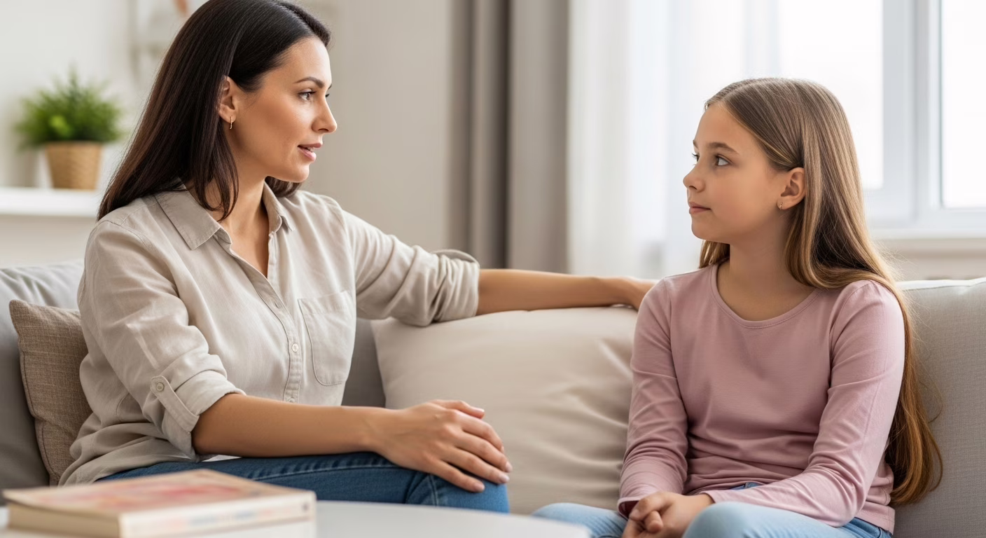 Mãe e filha adolescente conversando sorridentes no sofá, representando diálogo aberto sobre puberdade