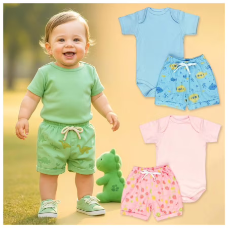 Conjunto de Calor para Bebê Body Manga Curta + Shorts Estampado Look Fresquinho - Até 12 Meses