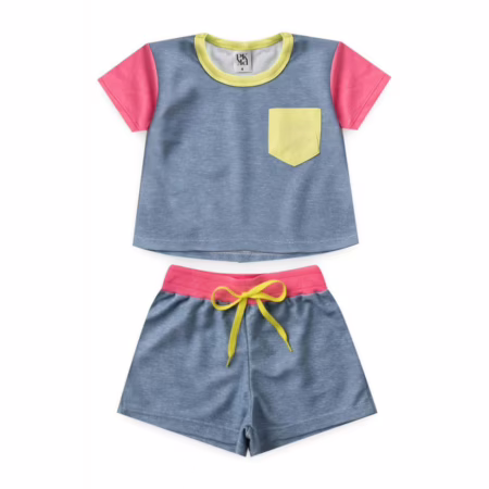 Conjunto Feminino Infantil Verão Jeans Rosa e Verde (2 ao 12)