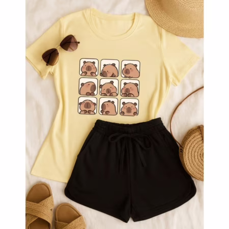 Conjunto Verão roupa infantil Juvenil feminino Meninas Short + Blusinha capivara-Tam: 2 a 14 anos