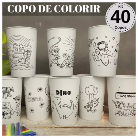 Copo Lembrancinha de Aniversário Kit 40un Copos de Colorir Lembrancinhas de Aniversário infantil